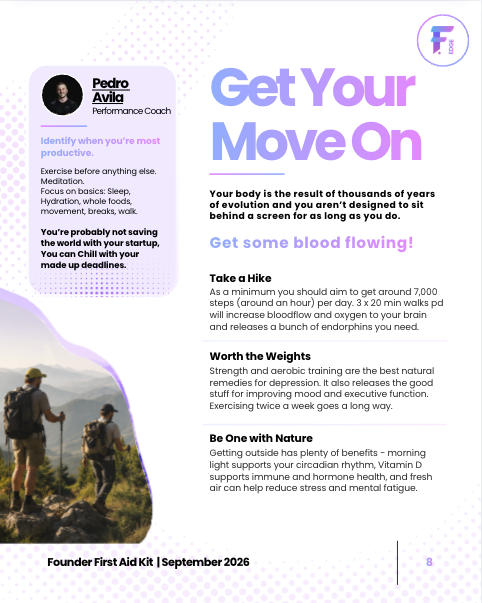 Founder First Aid Kit page titled Get Your Move On with a coach profile card