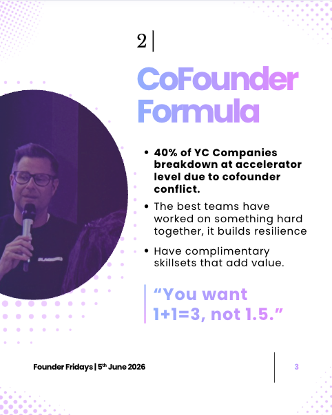 Founder Fridays page titled CoFounder Formula with a circular speaker photo and pull quote
