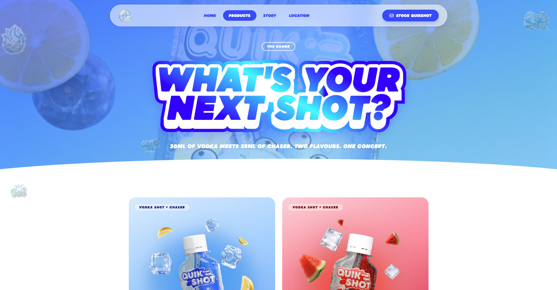Products page headline what's your next shot above two flavour cards