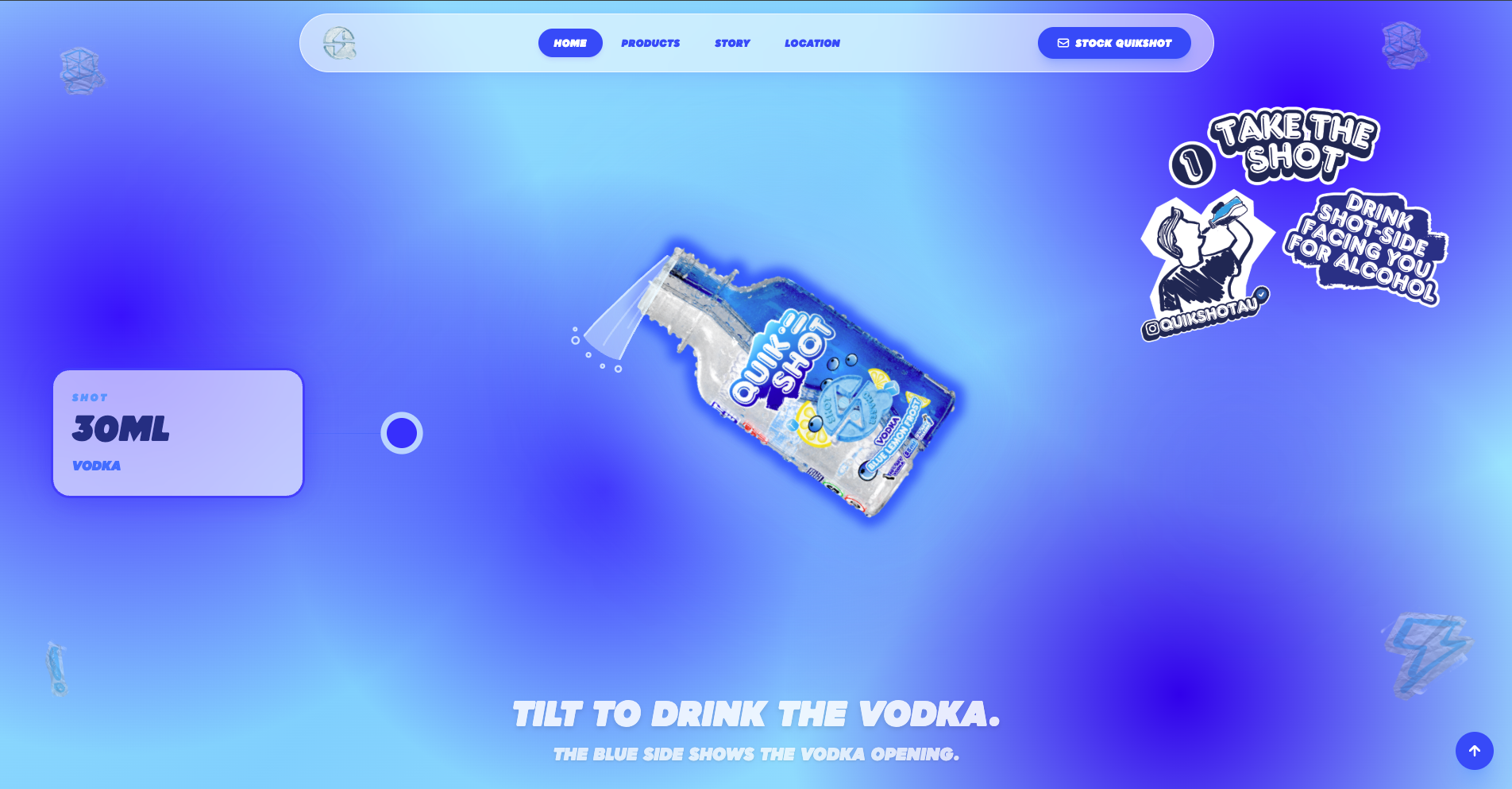 Scroll step where the bottle tilts with the caption tilt to drink the vodka